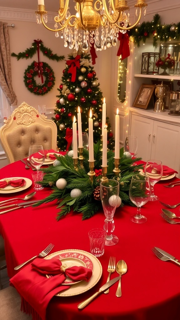 Elegant Christmas Table Setting Ideas An elegant Christmas table setting with red tablecloth, green centerpiece, and gold accents.